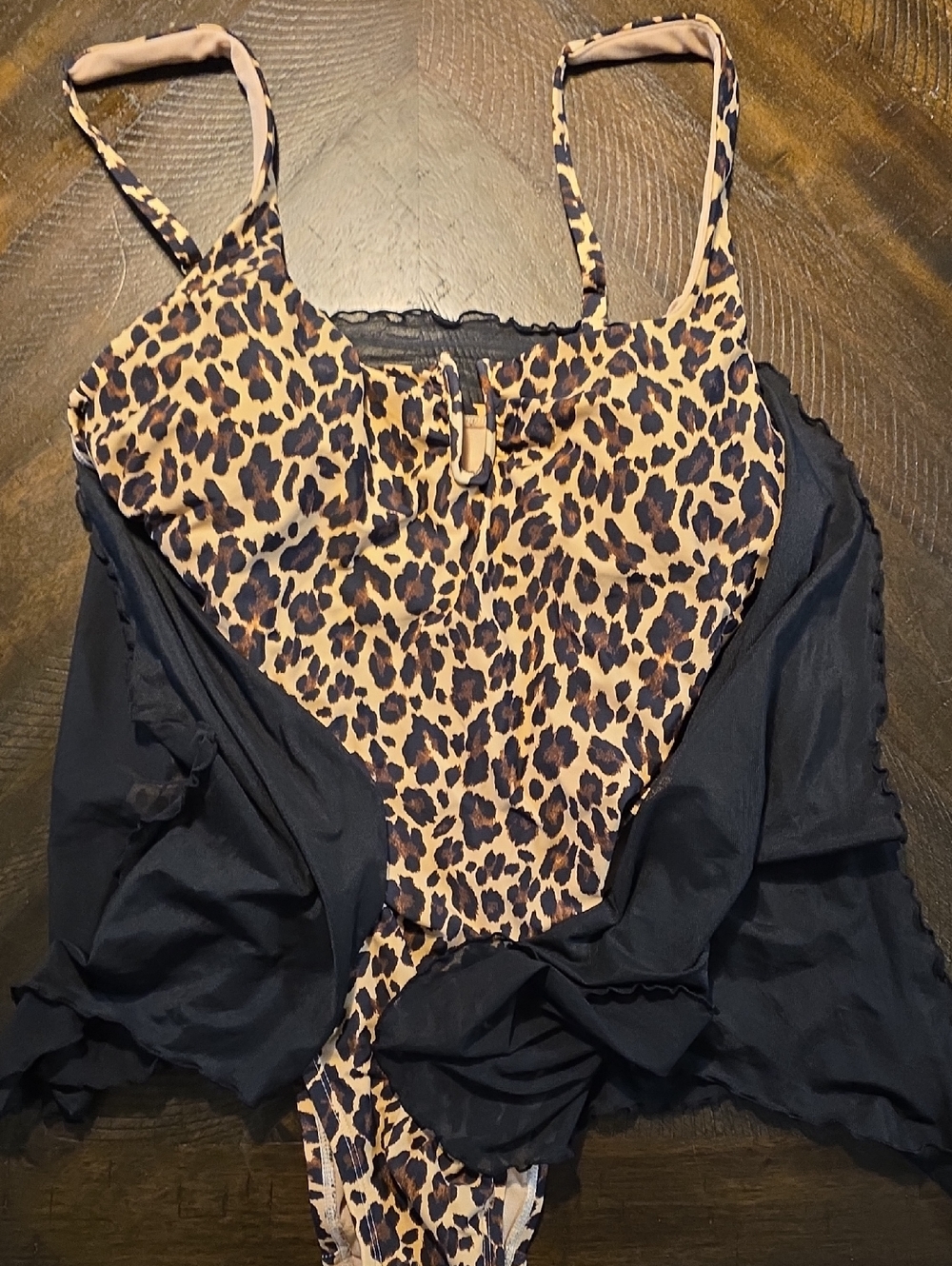 Time and Tru Leopard Print One-Piece Swimsuit in Beige and Black